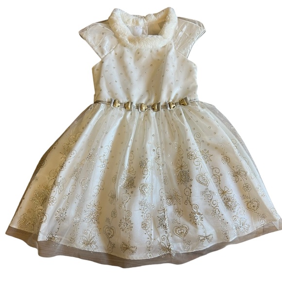 JONA MICHELLE White Silver Gold Glitter Tulle Fur Collar Holiday Party Dress 5yo - Picture 8 of 10
